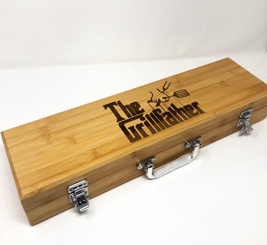 Bamboo BBQ Grill Tool Set with Engraved Case β 3-Piece Stainless Steel Tools