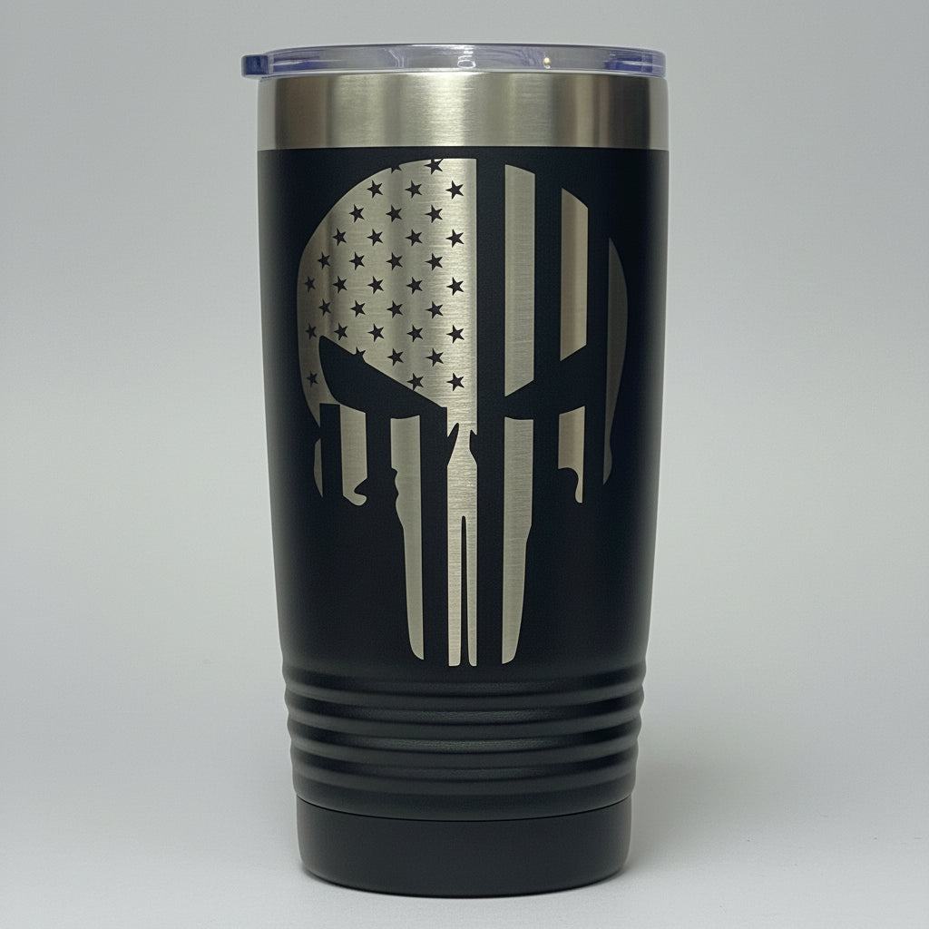 20oz Black Polar Camel Tumbler – Patriotic Skull Flag Design