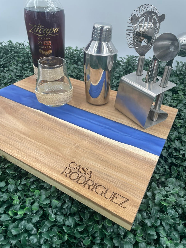 15" x 11 3/4" Acacia with Blue Pearl Resin Serving Board
