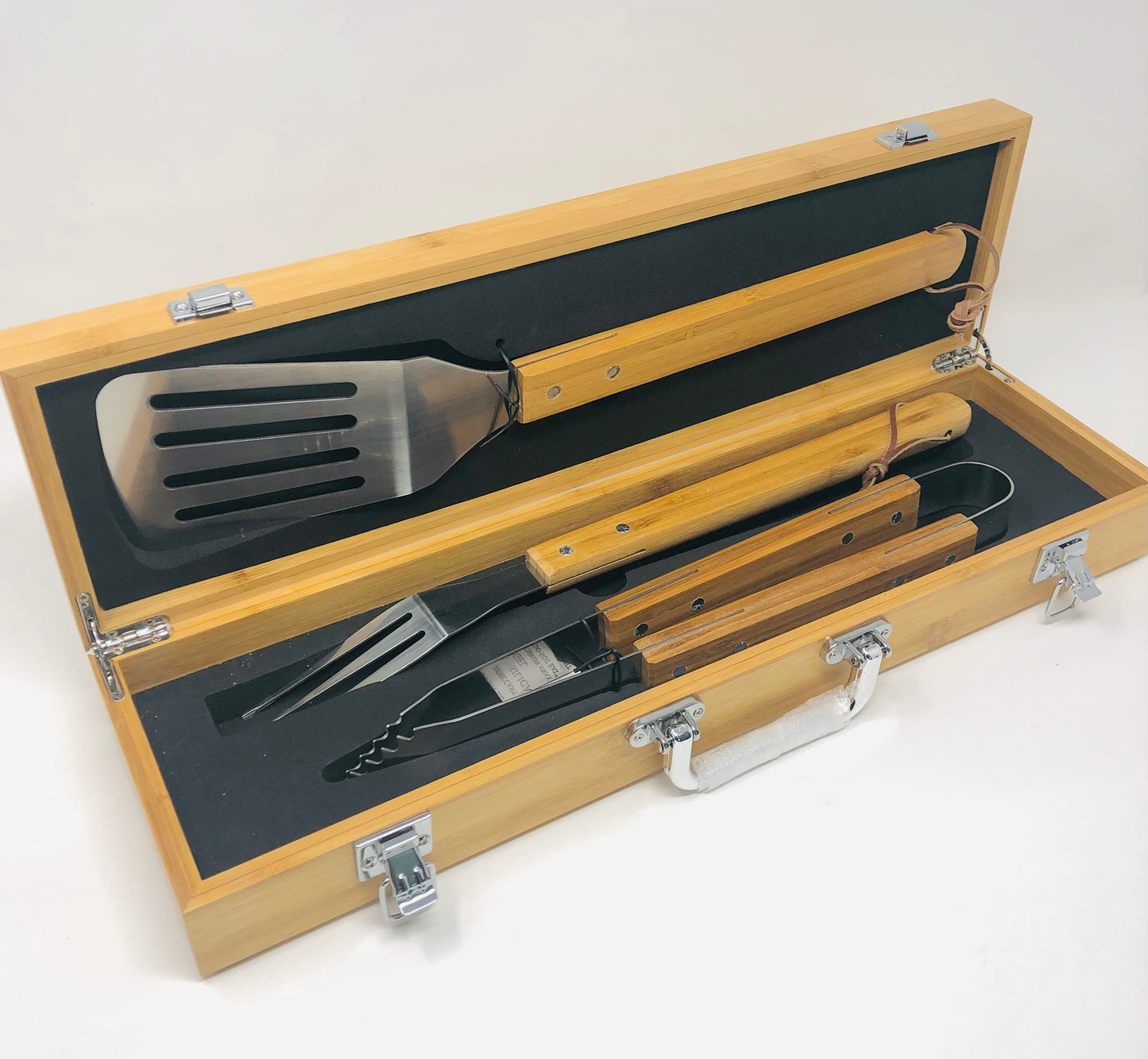 Bamboo BBQ Grill Tool Set with Engraved Case – 3-Piece Stainless Steel Tools