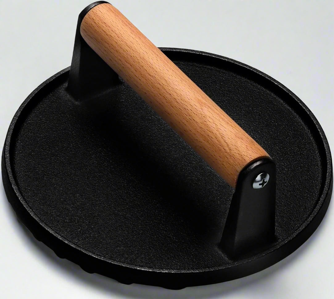 Custom Cast Iron Burger Press – 7" Round with Wood Handle | Engraving Included