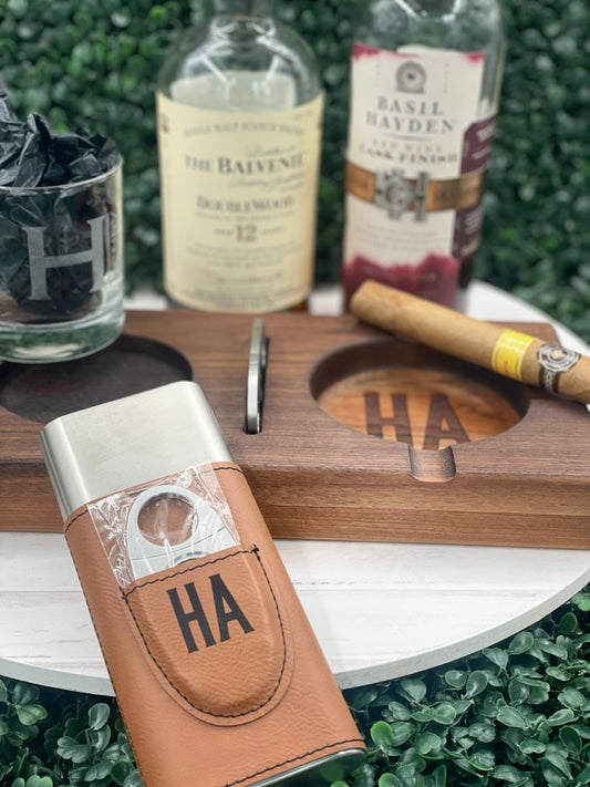 Sold out****PRE-ORDER *** Cigar Loverβs Bundle Gift Set β Handcrafted Wood Tray, Glass & Cigar Holder