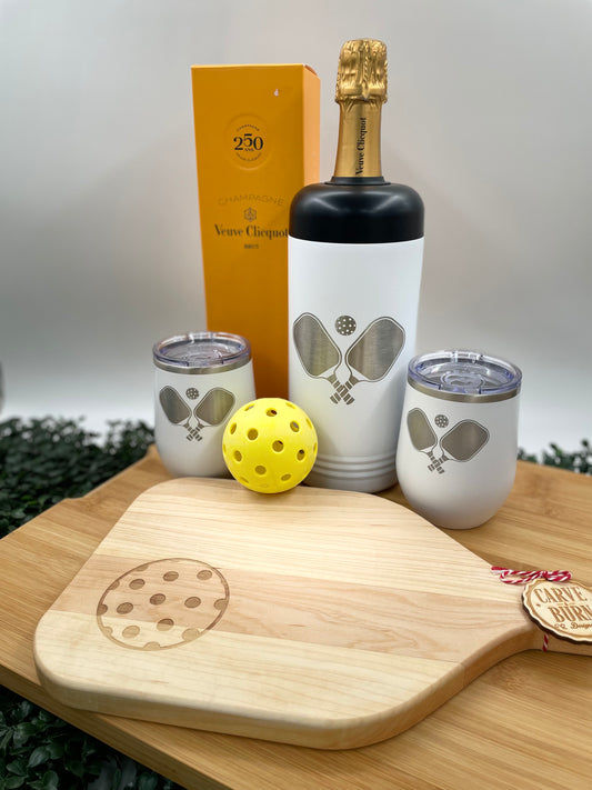 Pickleball Wine Chiller Set with Stemless Wine All White