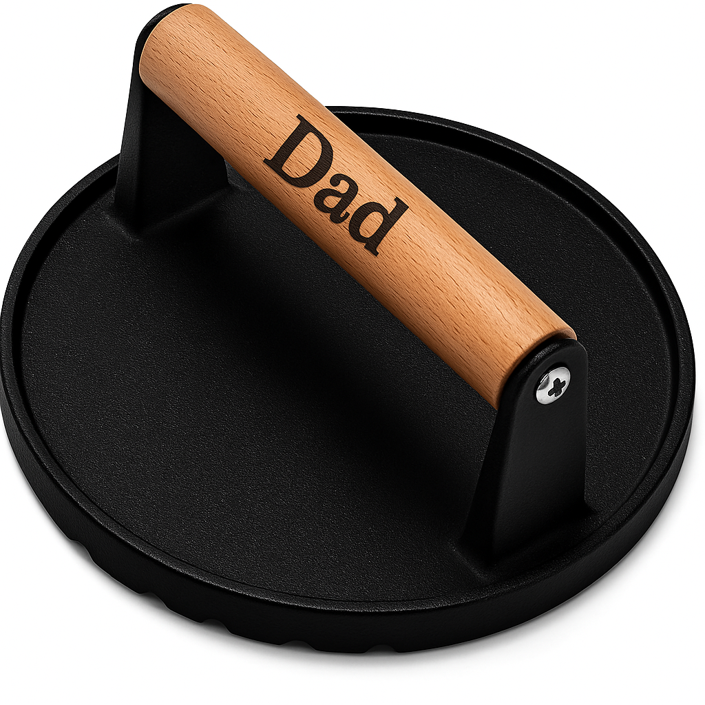 Custom Cast Iron Burger Press – 7" Round with Wood Handle | Engraving Included