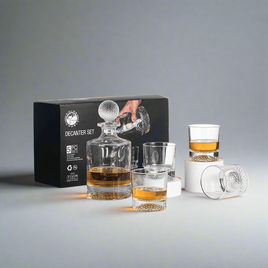 Golf Ball Decanter Set – 850ml Round Decanter with 4 Golf-Themed Whiskey Glasses