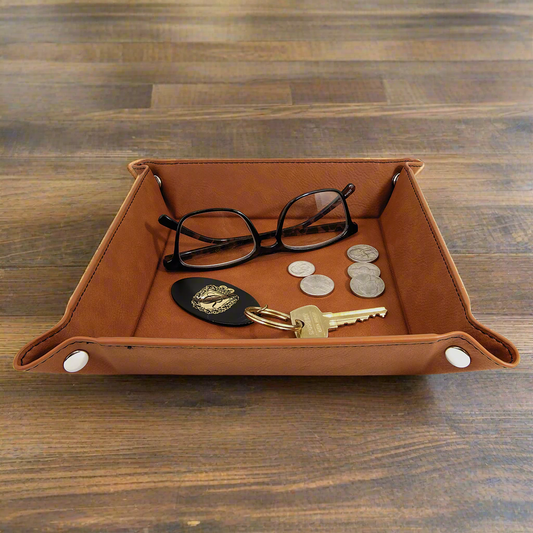 Personalized 6x6 Leatherette Valet Tray – Custom Engraved Catch-All with Silver Snaps