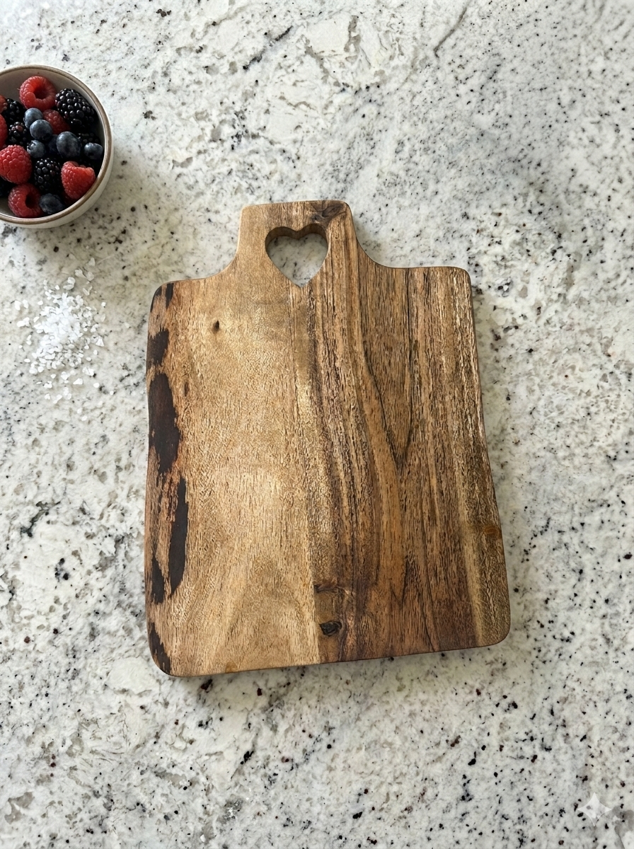 Acacia board with heart cutout, laser engraving gift by Carve & Burn
