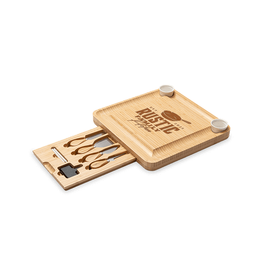 Bamboo cheese board with the drawer open, engraved with a sample logo