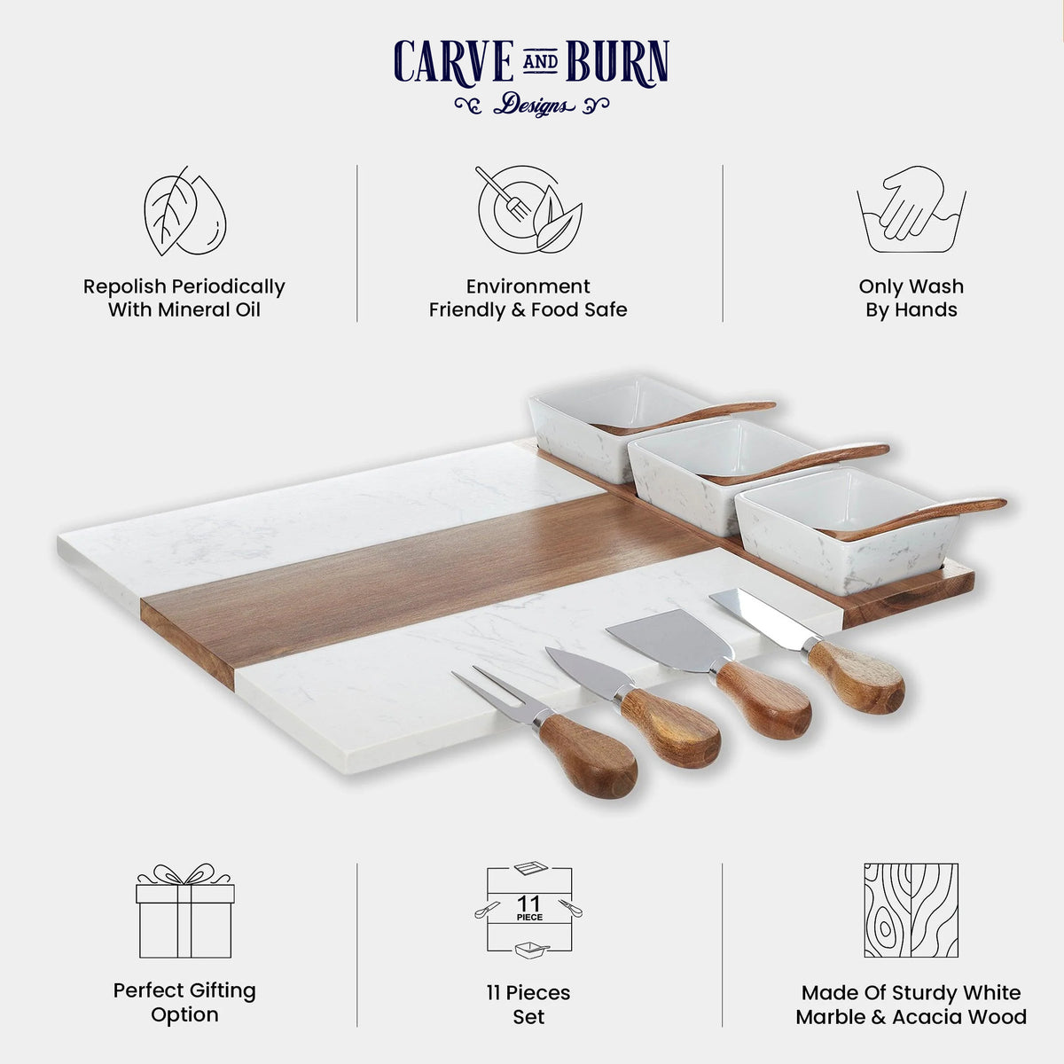 Infographic showing the marble charcuterie board set and its included pieces
