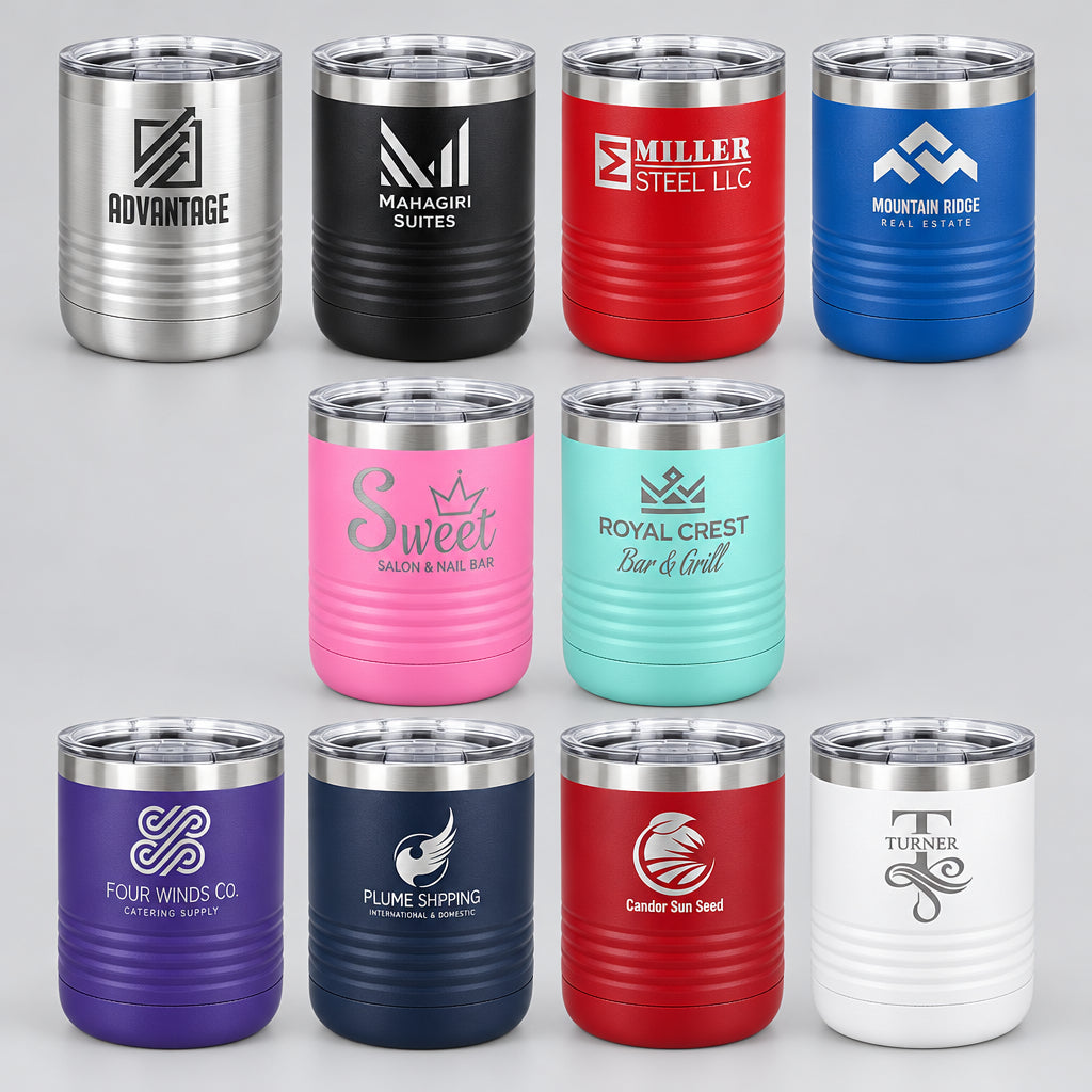 10 oz lowball tumblers in assorted colors laser engraved with corporate business logos