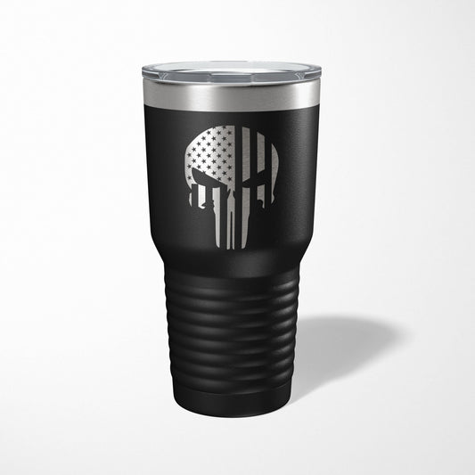 30oz American Flag and Skull Laser Engraved Black Tumbler