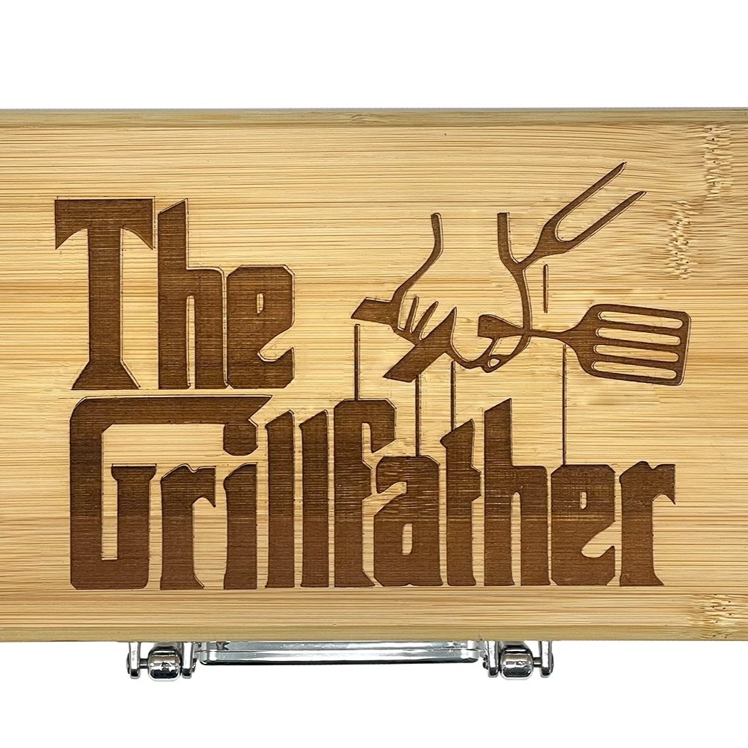 Bamboo BBQ Grill Tool Set with Engraved Case – 3-Piece Stainless Steel Tools