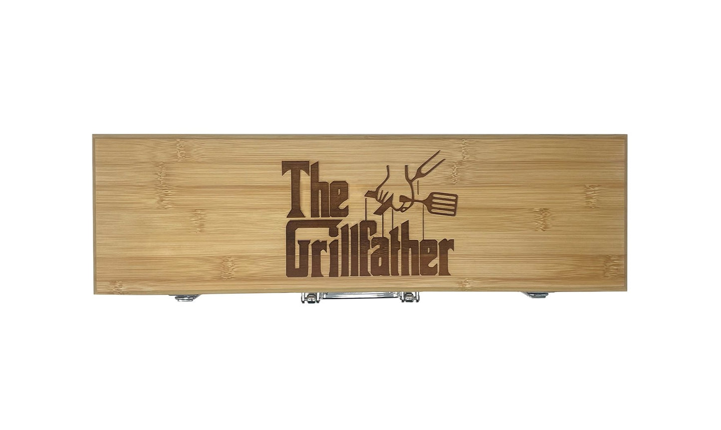 Bamboo BBQ Grill Tool Set with Engraved Case – 3-Piece Stainless Steel Tools