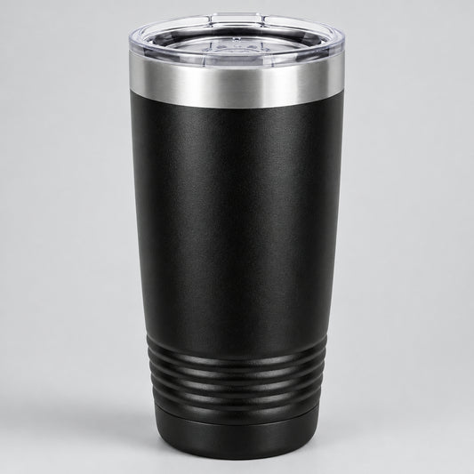 Black 20 oz insulated stainless steel tumbler with a silver ring accent, for custom engraving