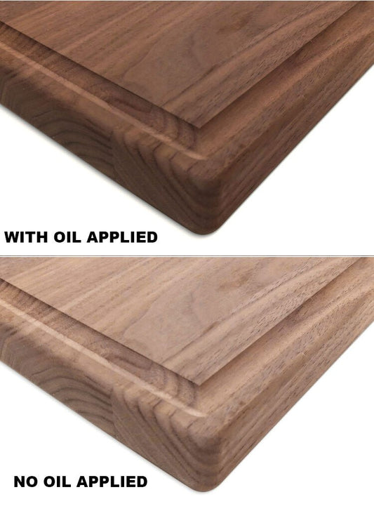 Black walnut cutting board edge shown with oil applied versus no oil
