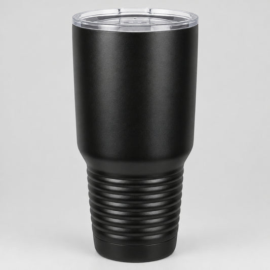 Black 30 oz insulated stainless steel tumbler with lid, ready for custom engraving