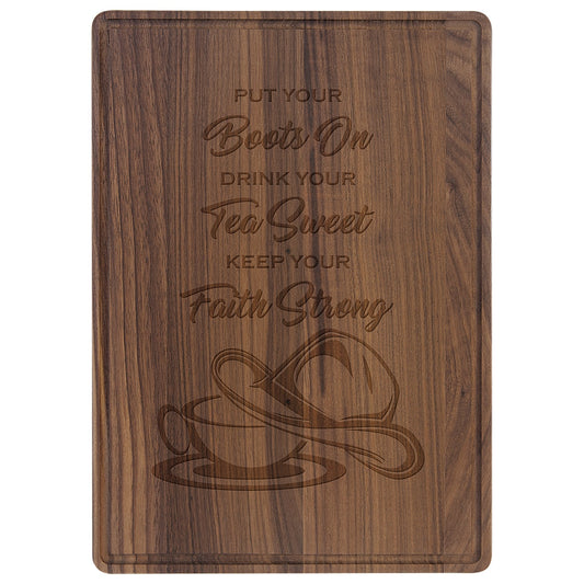 Walnut cutting board with drip ring engraved with a family recipe design