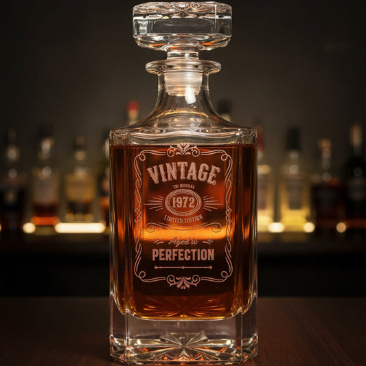 Personalized vintage year whiskey decanter engraved by Carve & Burn in Miami