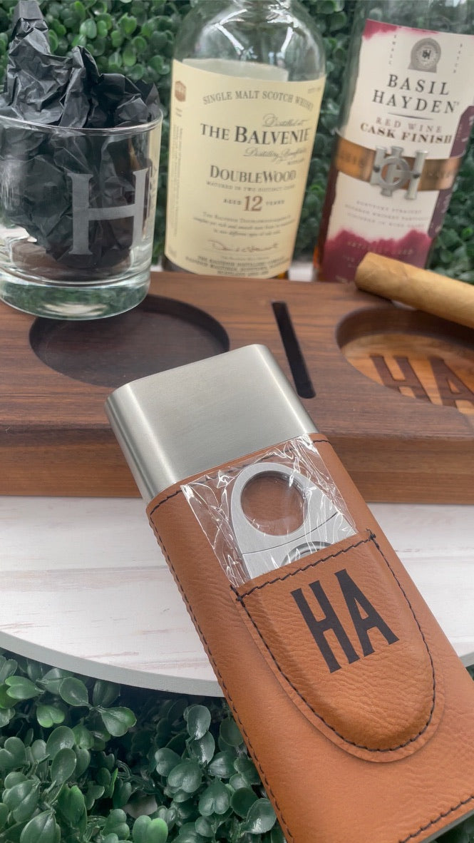 Personalized cigar lover gift set with whiskey glass tray and cigar holder