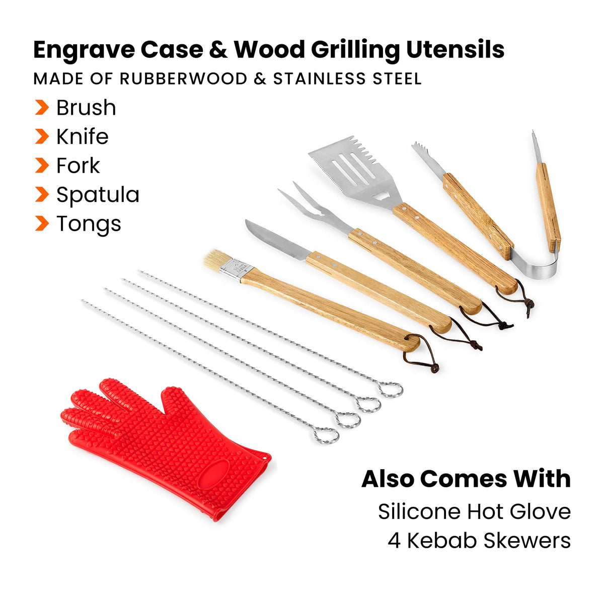 11-piece BBQ grill set contents: rubberwood and stainless steel utensils, glove and skewers