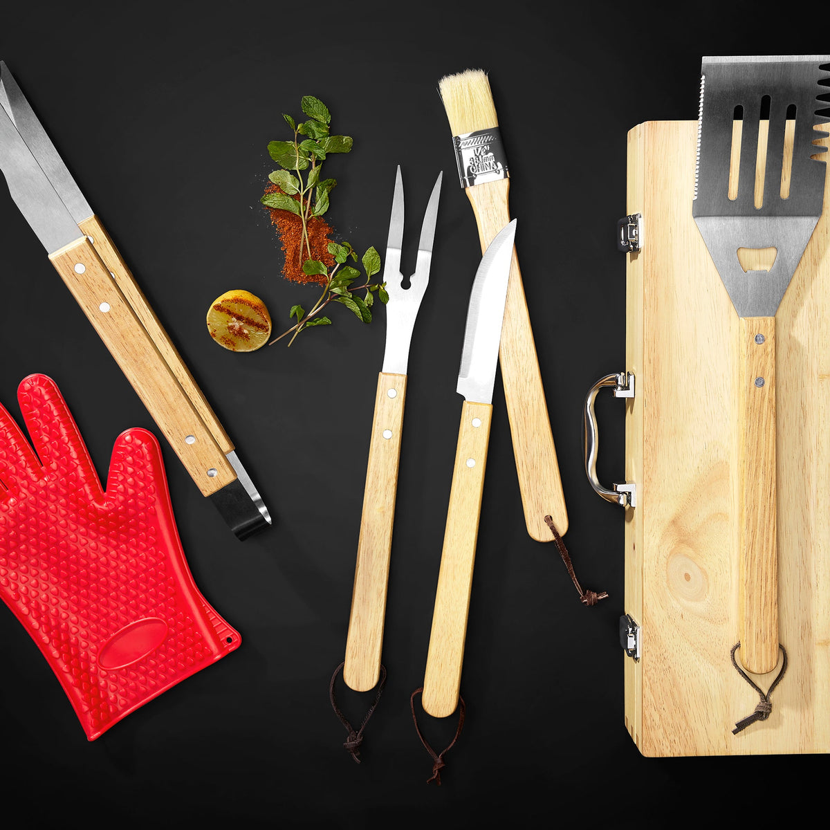 11-piece BBQ grill set with silicone heat glove and wood case