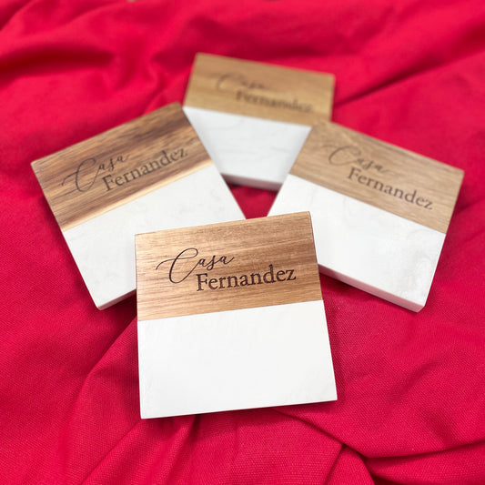 White Marble & Acacia Wood Coaster (4 Pack) 3.937" x 3.937"