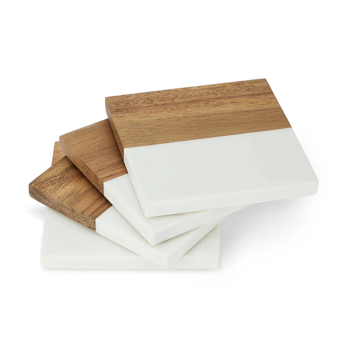 Set of four white marble and acacia wood coasters, stacked