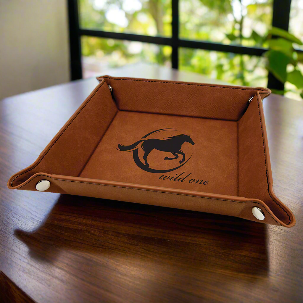 Rawhide 6 x 6 leatherette snap valet tray engraved with a horse logo