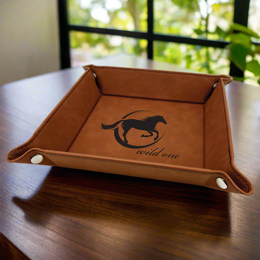 Rawhide 6 x 6 leatherette snap valet tray engraved with a horse logo