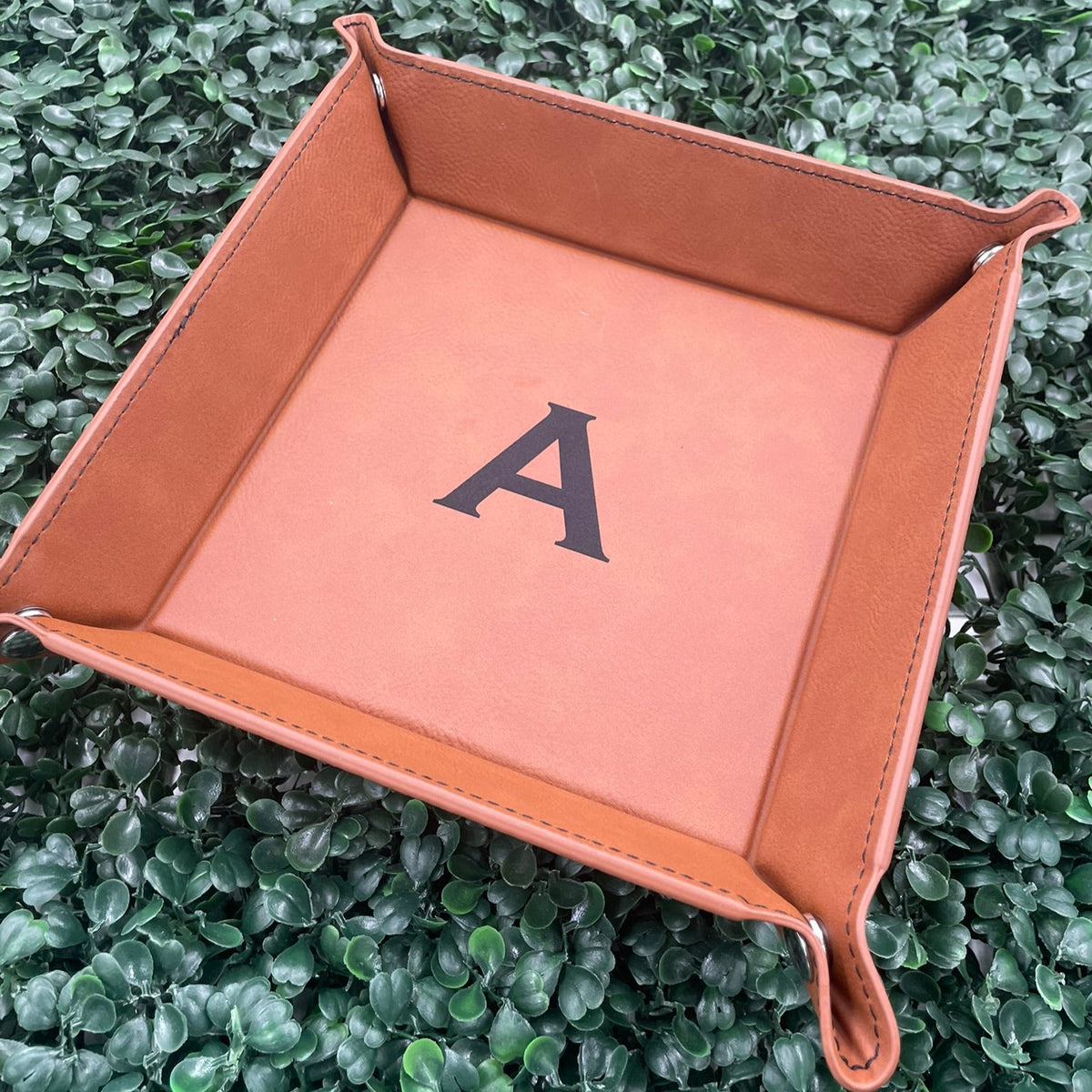 Rawhide 6 x 6 leatherette snap valet tray engraved with the initial A