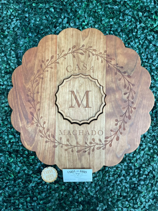 ***PRE-ORDER***20″ × 20″ Laser-Engraved Personalized Charcuterie Board with Center Dip Tray – Scalloped Clamshell Edge
