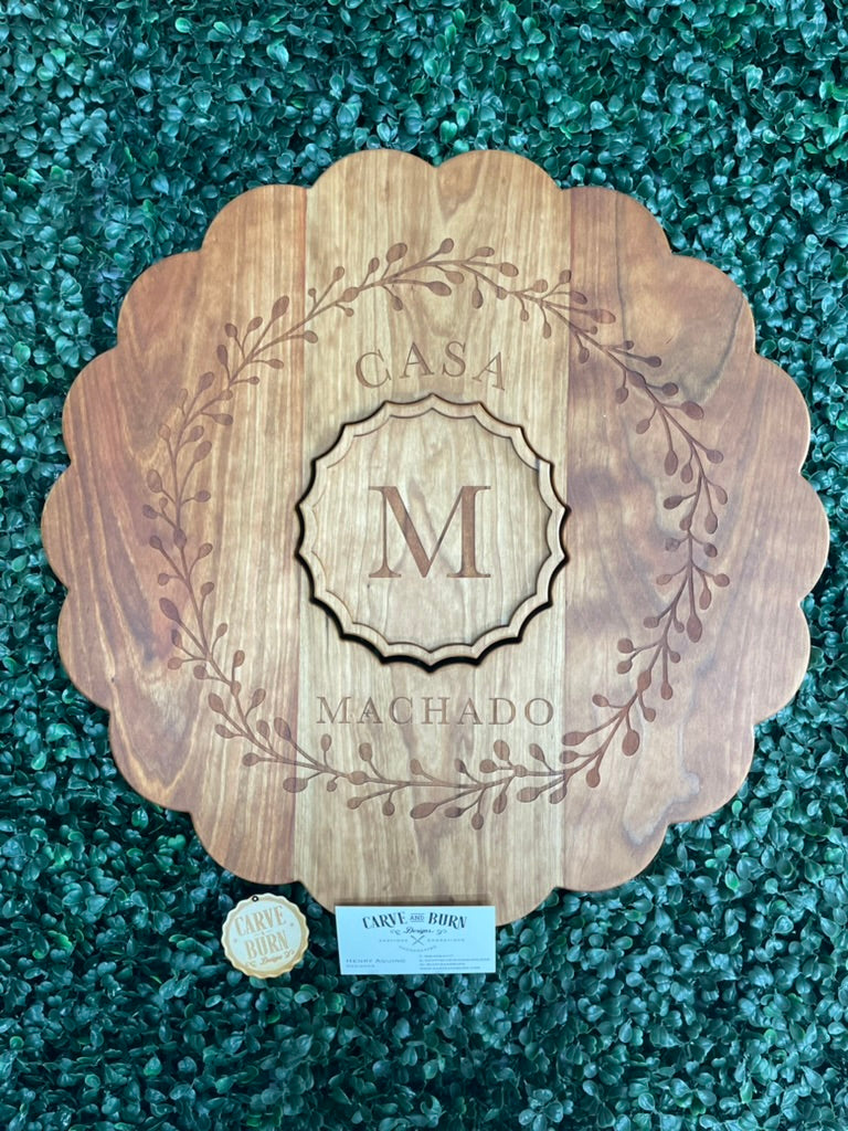 ***PRE-ORDER***20″ × 20″ Laser-Engraved Personalized Charcuterie Board with Center Dip Tray – Scalloped Clamshell Edge