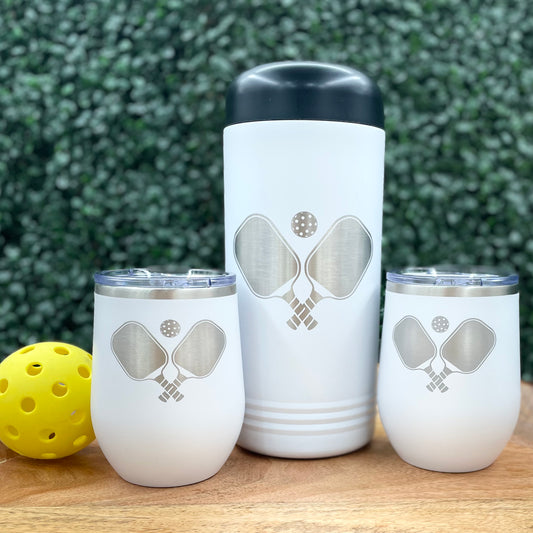 Pickleball Wine Chiller Set with Stemless Wine All White