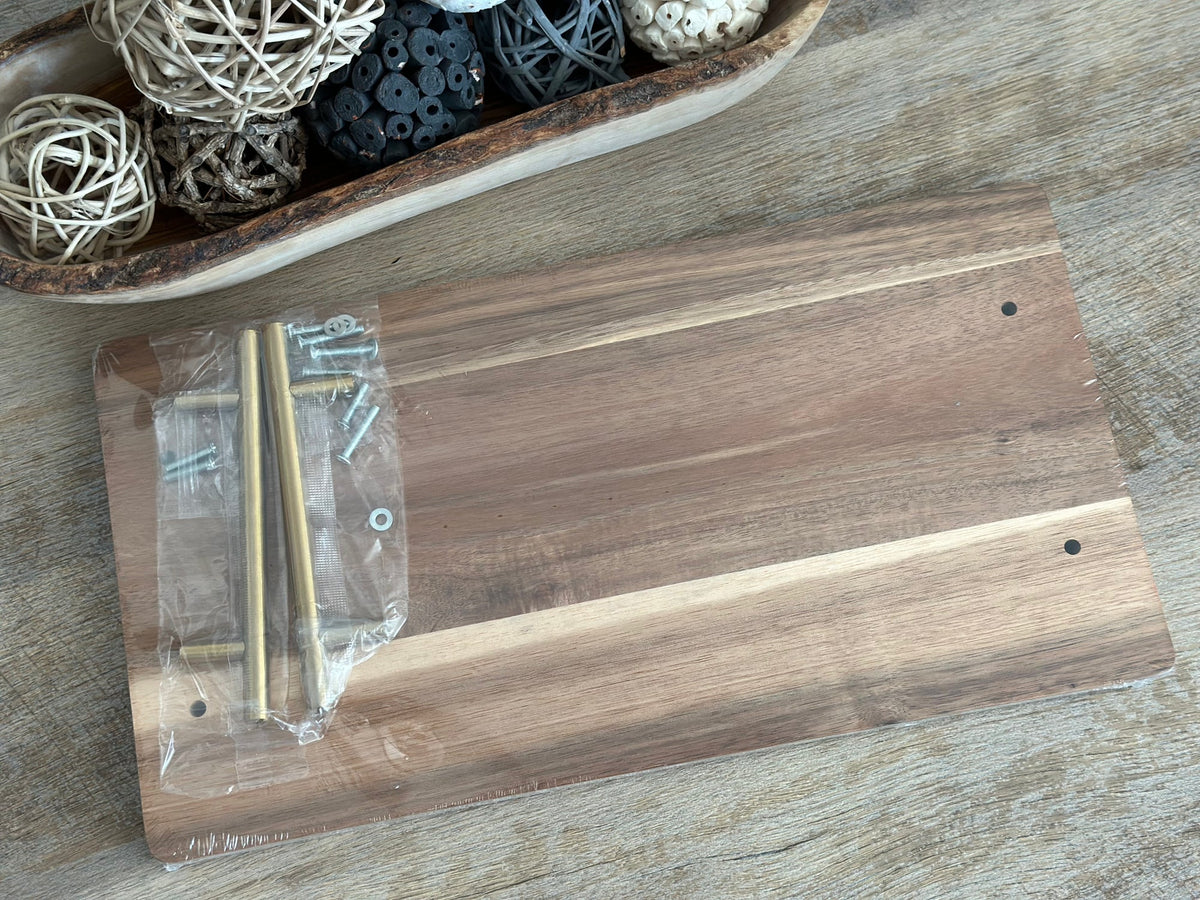 Acacia tray with gold handles and hardware