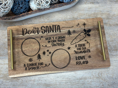 Acacia tray engraved as a personalized Dear Santa cookie tray