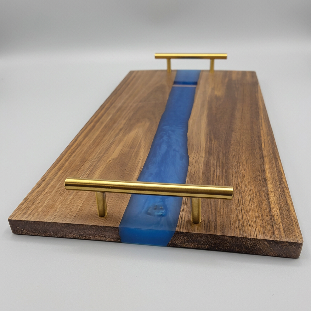 Acacia & Blue Pearl Resin Serving Tray with Gold Handles