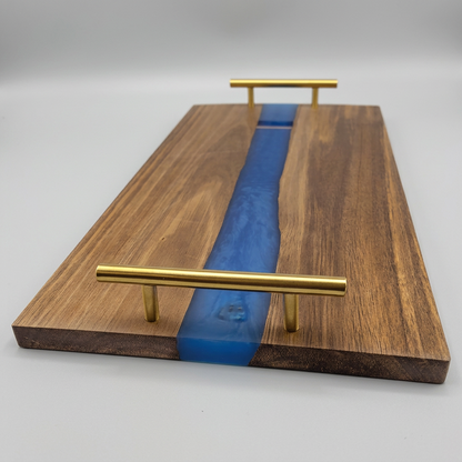 Acacia & Blue Pearl Resin Serving Tray with Gold Handles