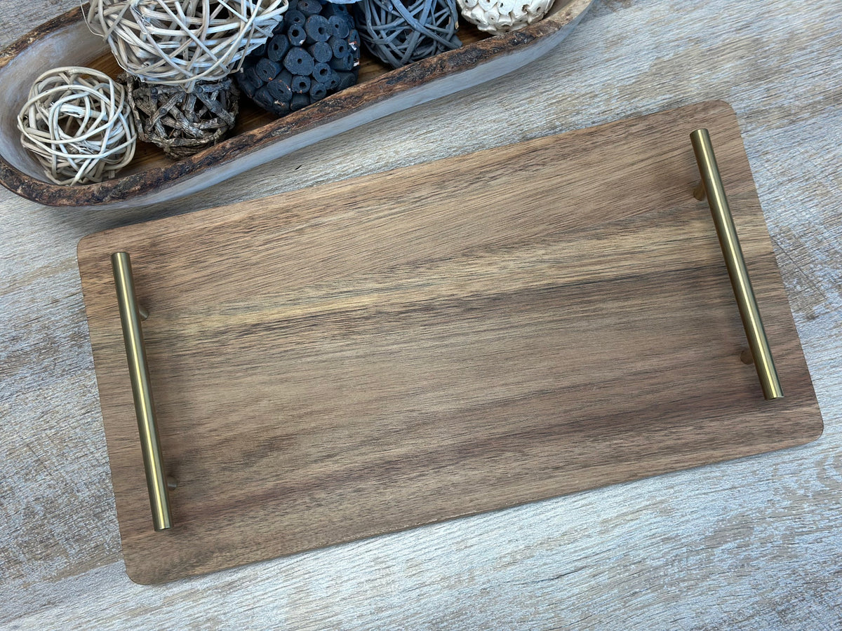 Acacia serving tray with two gold handles before engraving