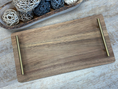 Acacia serving tray with two gold handles before engraving