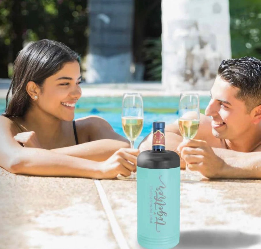 Image of couple by the pool holding a glass of white wine-Insulated Wine Chiller - Personalized and Engraved for Gifting