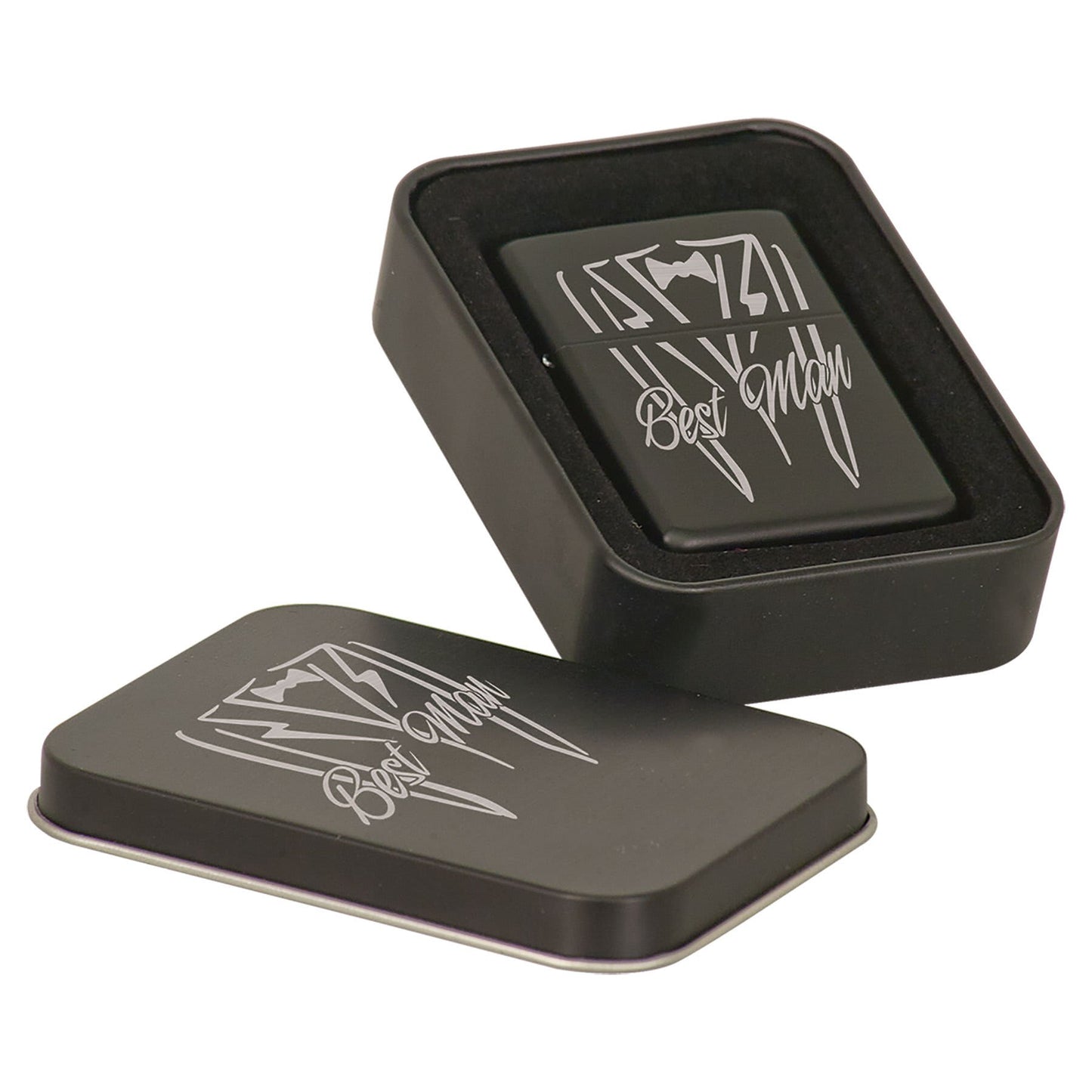 Engraved Lighter with Black Tin case