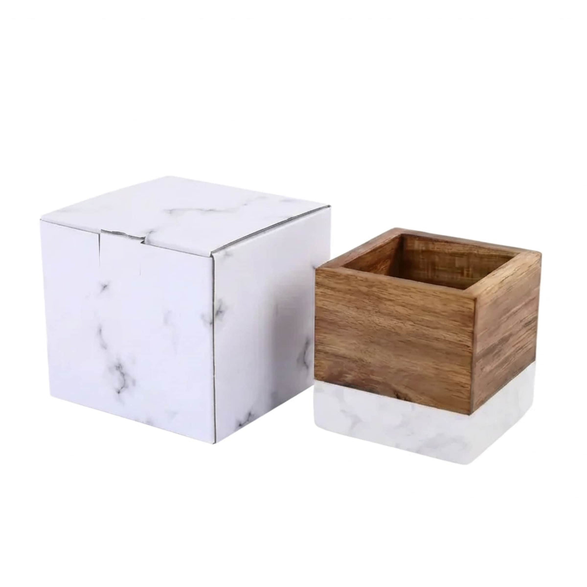 Personalized marble and acacia pen holder