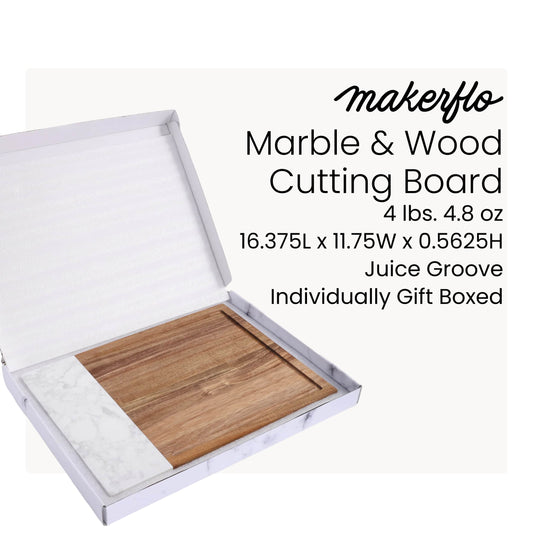 Marble and acacia cutting board juice groove detail