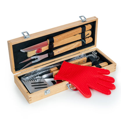 Personalized 11-piece BBQ grill set with wood case