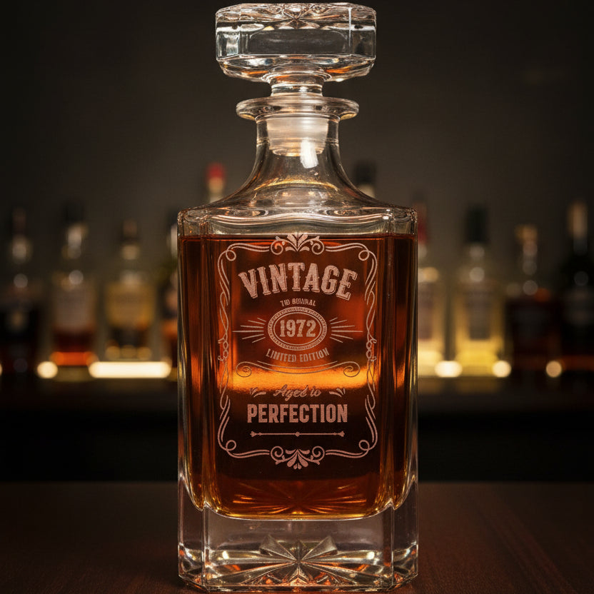 Vintage  whiskey decanter on a wooden surface. label 1