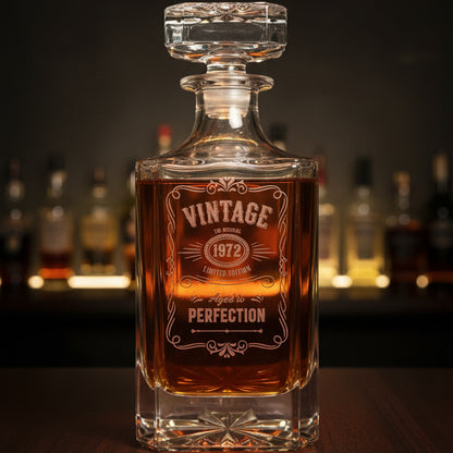 Vintage  whiskey decanter on a wooden surface. label 1