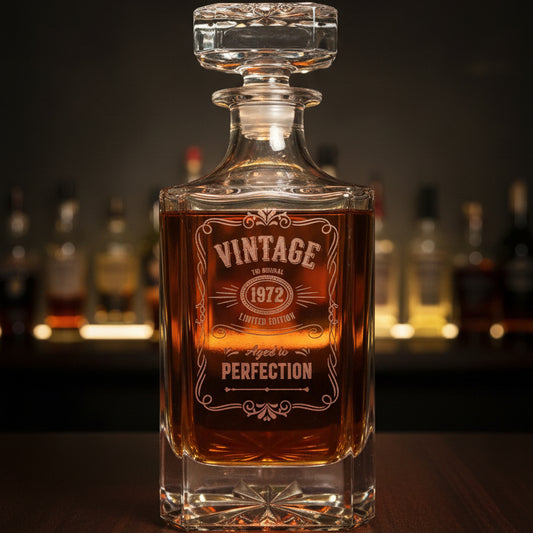 Vintage  whiskey decanter on a wooden surface. label 1