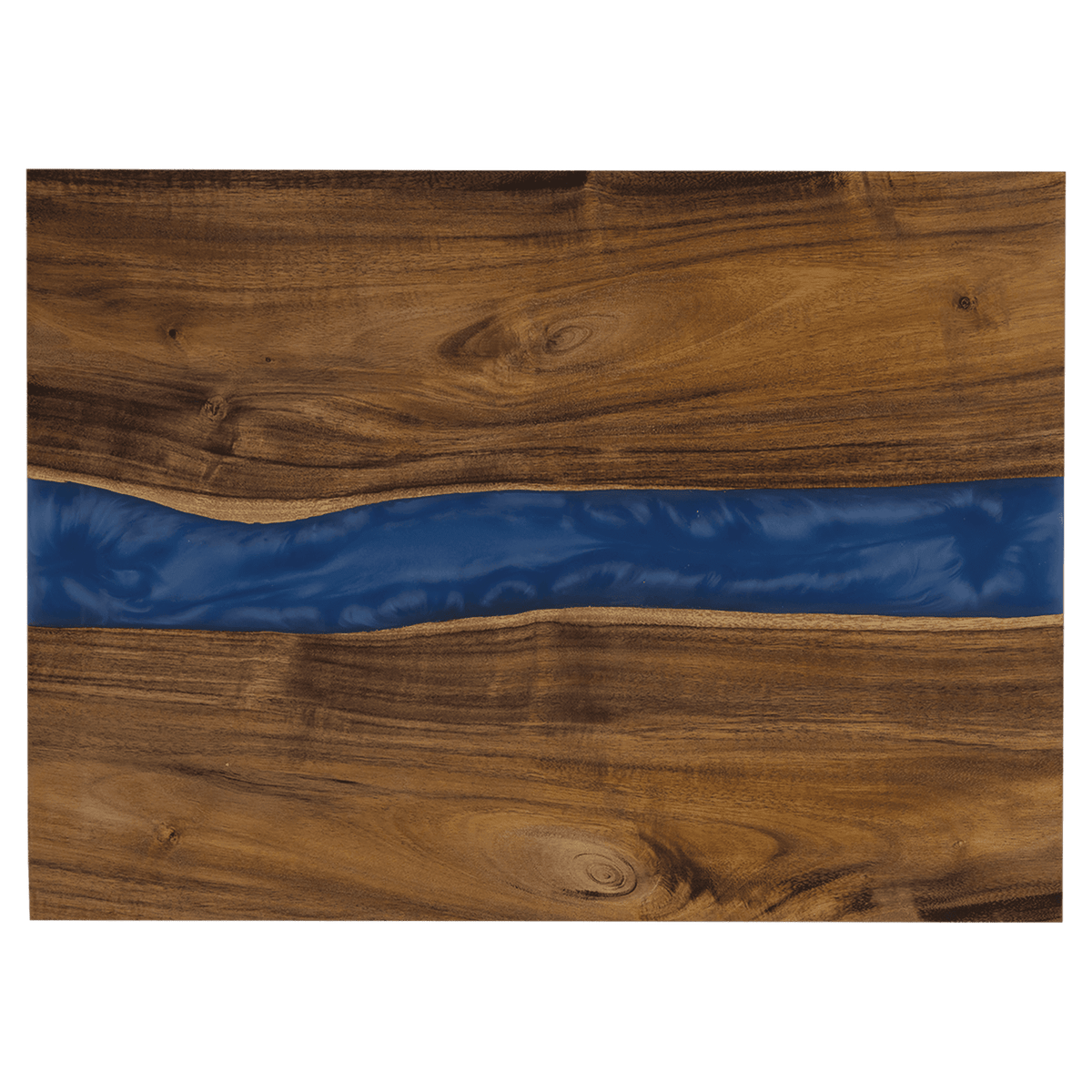 Acacia charcuterie board with blue resin river inlay, top view