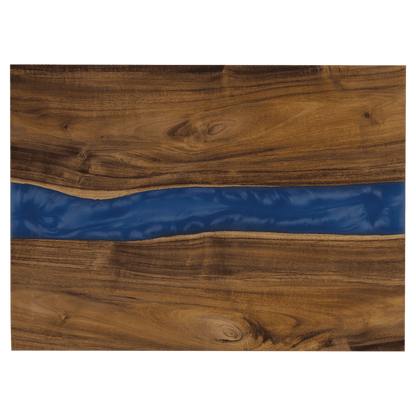 Acacia charcuterie board with blue resin river inlay, top view