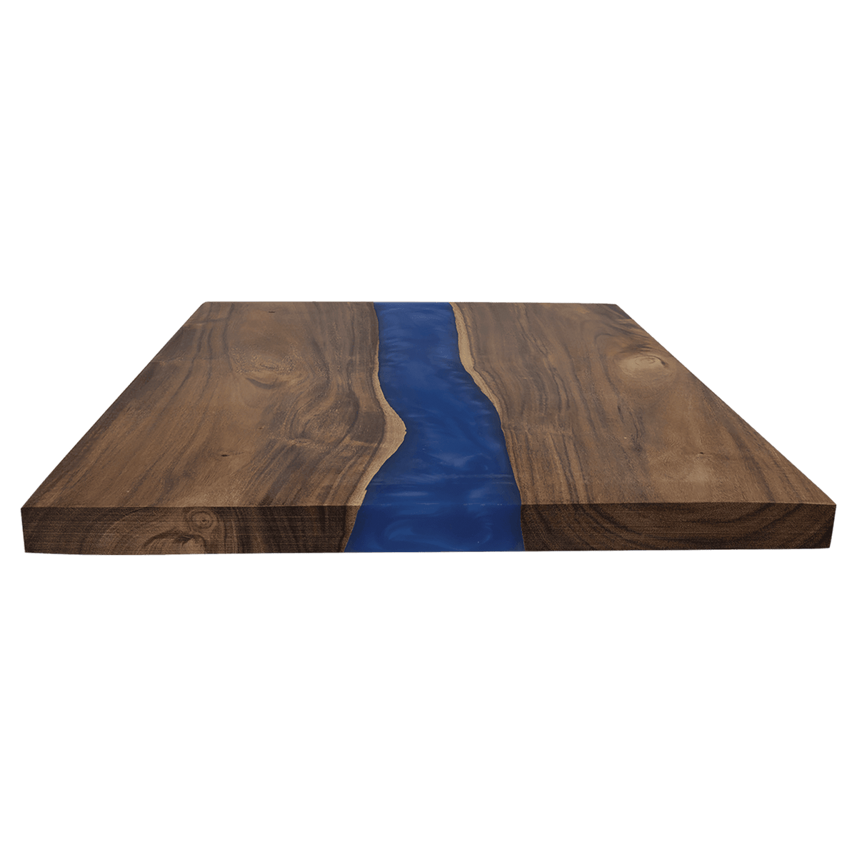 Acacia charcuterie board with blue resin river inlay, angled view